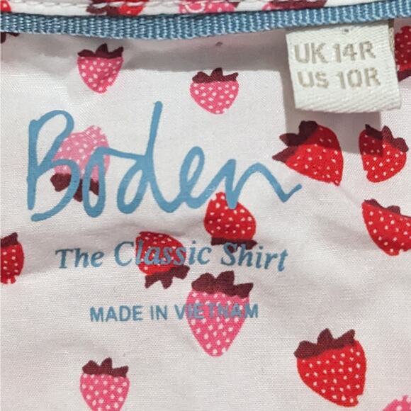 Boden Strawberry Print Button Down Classic Fit Shirt White Pink Women's Size 10 - Picture 5 of 7